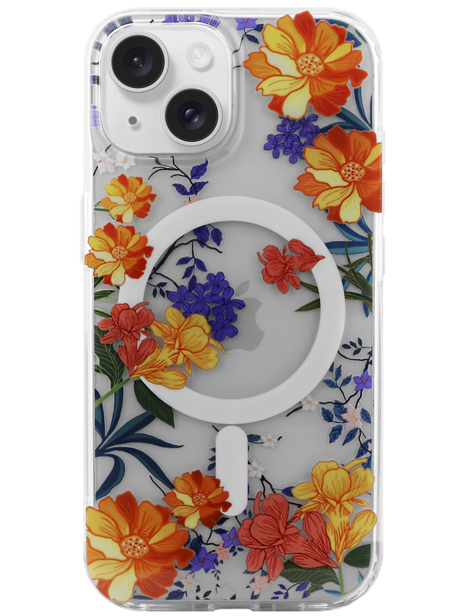 Чехол для iPhone 15 Цветочный MagSafe пластик+силикон