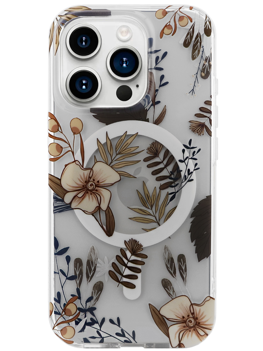 Чехол для iPhone 15 Pro Цветочный MagSafe пластик+силикон